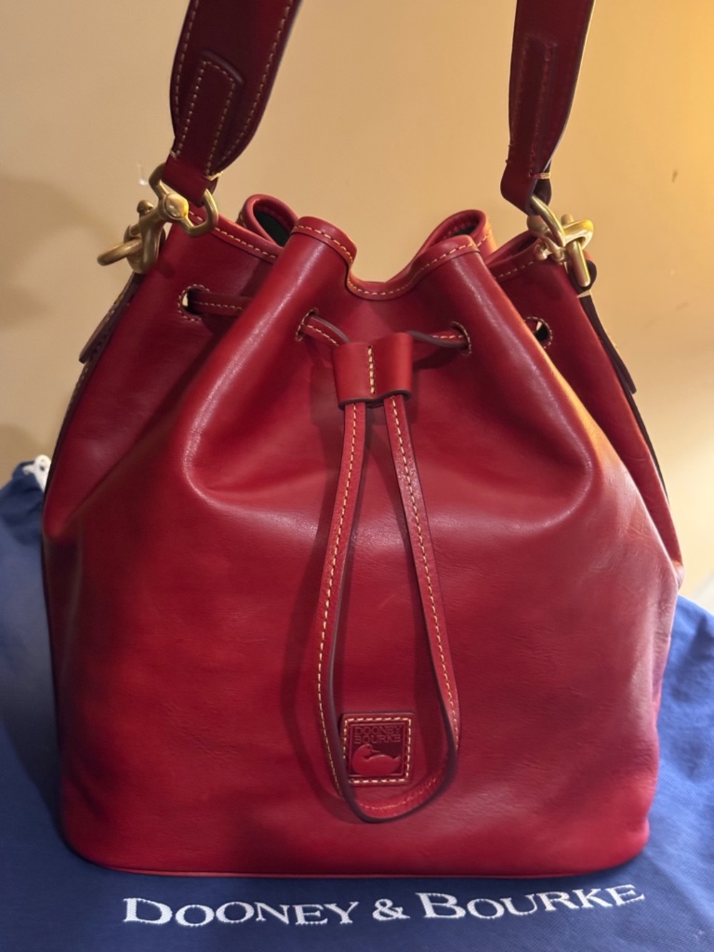 Dooney & Bourke Red Florentine Leather Drawstring Bucket Shoulder Bag NWT